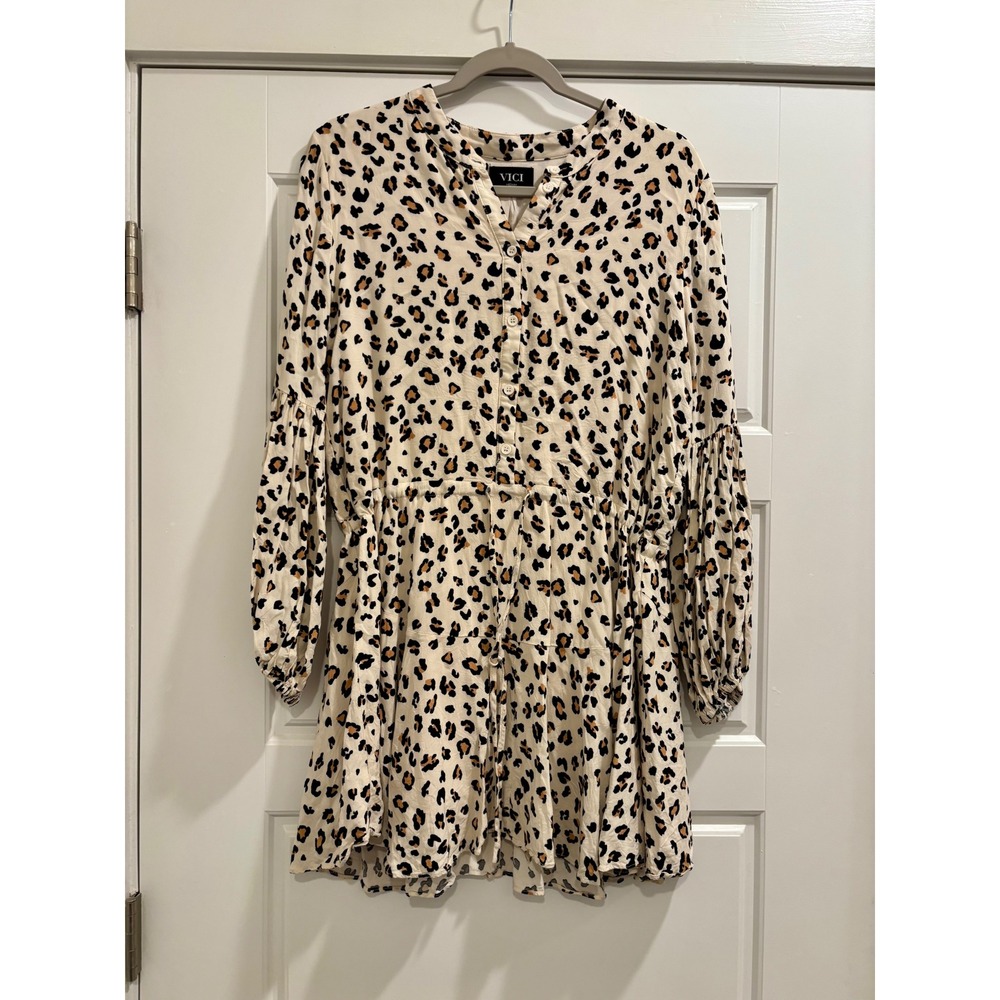 Vici Leopard Print Balloon Sleeve Button Front Mini Dress Cream Black Tan Medium